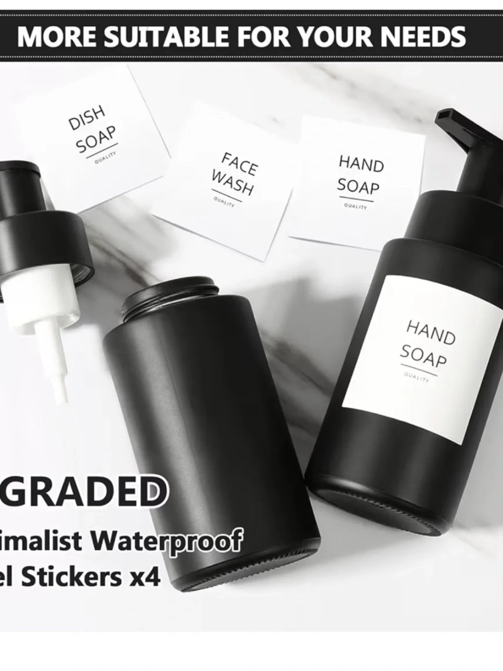 Matte Black Foaming Soap Dispenser Set of TWO 10 oz/300ml Waterproof Labels